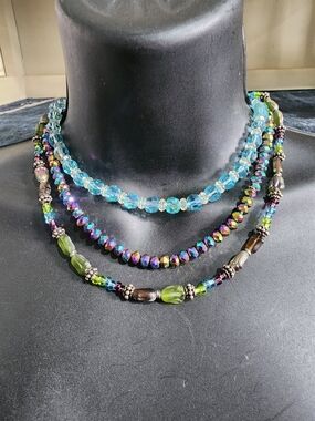 Aurora Borealis Lot Multi-Strand Crystal and Glass Bead Necklace - Blue & Green